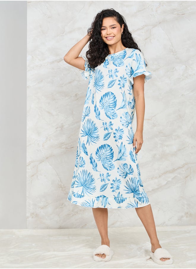 Styli Styli Tropical Print Ruffle Sleeve Sleep T-Shirt Dress  - Image 1