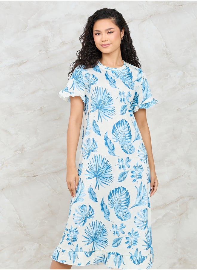 Styli Styli Tropical Print Ruffle Sleeve Sleep T-Shirt Dress  - Image 2