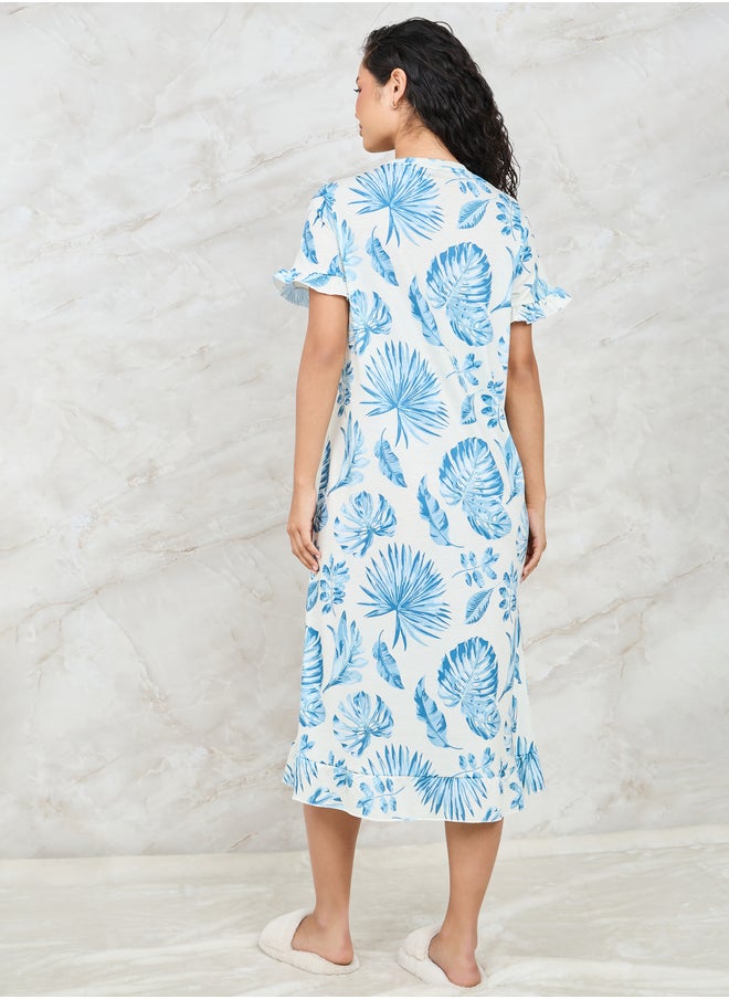 Styli Styli Tropical Print Ruffle Sleeve Sleep T-Shirt Dress  - Image 4
