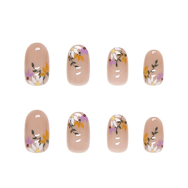 RikView French Tip Press on Nails Medium Acrylic Nails with Flowers Design Almond Fake Nails Nude Nails for Women - Image 2