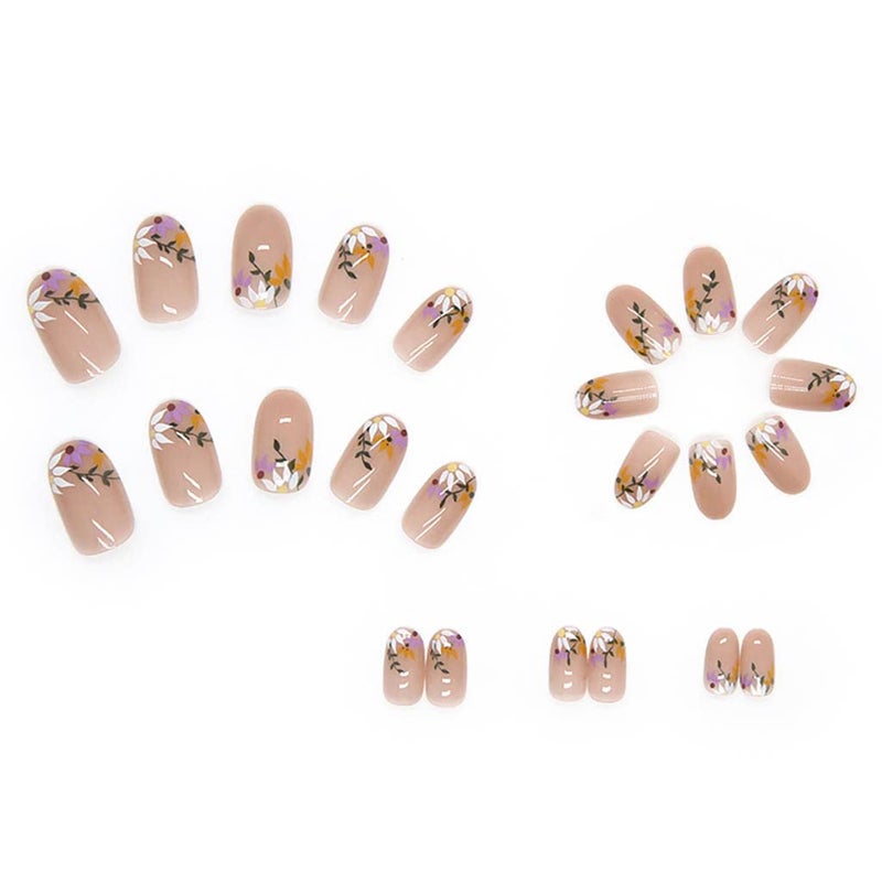 RikView French Tip Press on Nails Medium Acrylic Nails with Flowers Design Almond Fake Nails Nude Nails for Women - Image 3