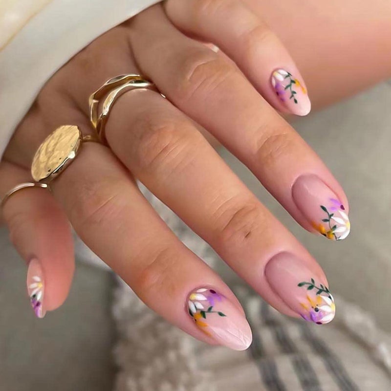RikView French Tip Press on Nails Medium Acrylic Nails with Flowers Design Almond Fake Nails Nude Nails for Women - Image 1