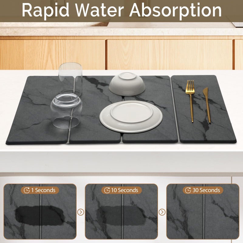 Linidcoud Large Stone Dish Drying Mat for Kitchen Counter, 2 PCS Quick Dry Stone Mats, Foldable Water Absorbing Diatomaceous Earth Drying Dishes Pad for Countertop Bottles Utensils Cup(Dark gray 24"x16"&8"x4") - Image 3