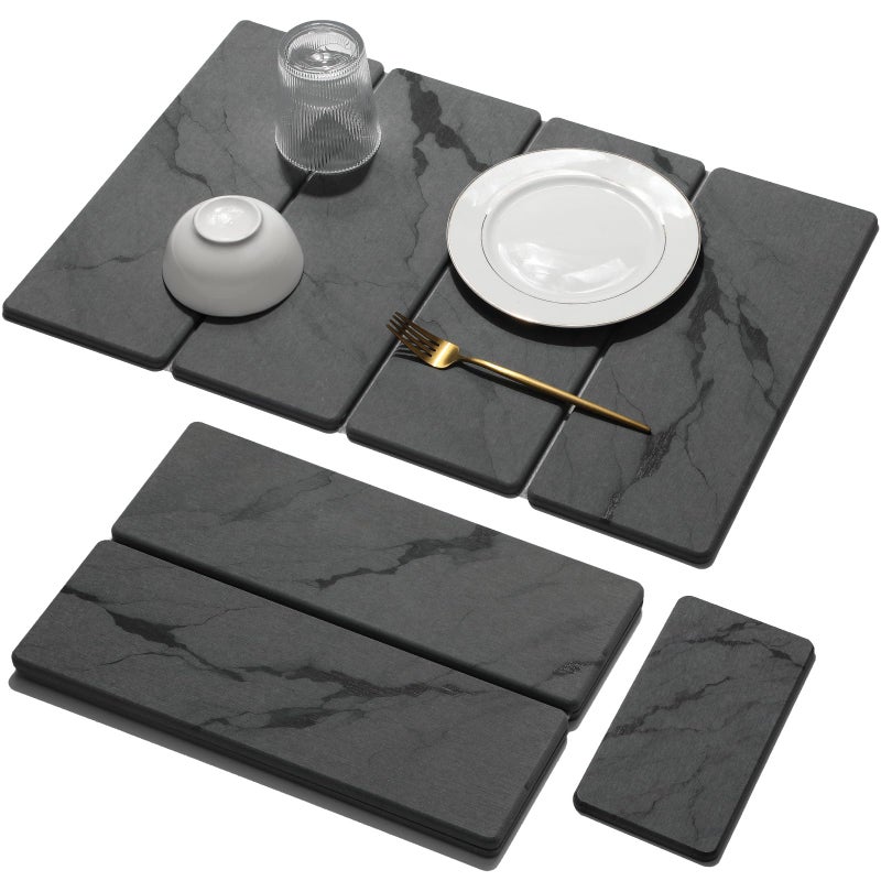 Linidcoud Large Stone Dish Drying Mat for Kitchen Counter, 2 PCS Quick Dry Stone Mats, Foldable Water Absorbing Diatomaceous Earth Drying Dishes Pad for Countertop Bottles Utensils Cup(Dark gray 24"x16"&8"x4") - Image 1