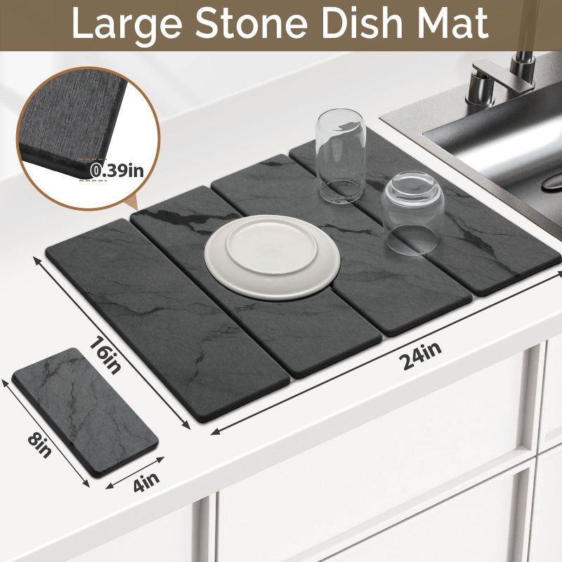 Linidcoud Large Stone Dish Drying Mat for Kitchen Counter, 2 PCS Quick Dry Stone Mats, Foldable Water Absorbing Diatomaceous Earth Drying Dishes Pad for Countertop Bottles Utensils Cup(Dark gray 24"x16"&8"x4") - Image 2