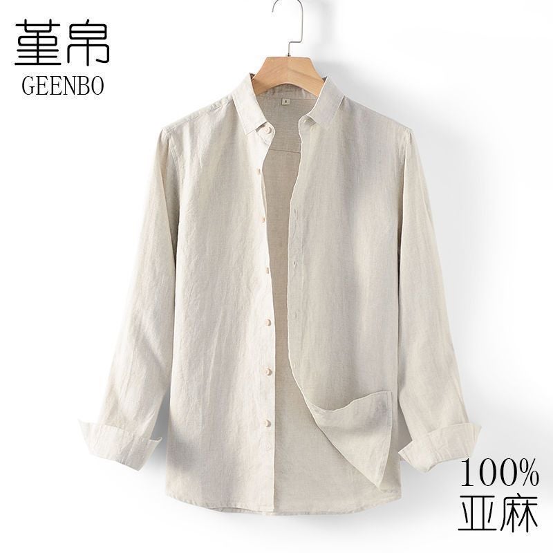 قميص كتان للرجال بياقة طويلة الأكمام قميص جديد من القطن والكتان رقيق فضفاض غير رسمي ربيعي وخريفي قميص رجال عصري - Image 1