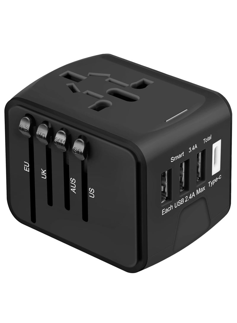 Excefore محول كهرباء دولي للسفر الشامل، شاحن حائط متعدد الوظائف بسرعة عالية 2.4A 3xUSB، 3.0A Type-C، محول أوروبي، مقابس كهربائية عالمية للمملكة المتحدة، كندا، الاتحاد الأوروبي، أستراليا، آسيا  - Image 1