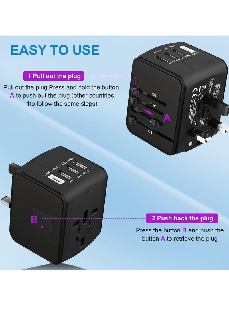 Excefore محول كهرباء دولي للسفر الشامل، شاحن حائط متعدد الوظائف بسرعة عالية 2.4A 3xUSB، 3.0A Type-C، محول أوروبي، مقابس كهربائية عالمية للمملكة المتحدة، كندا، الاتحاد الأوروبي، أستراليا، آسيا  - Image 3