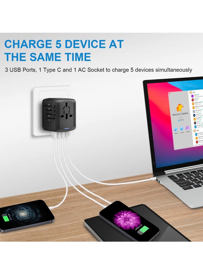 Excefore محول كهرباء دولي للسفر الشامل، شاحن حائط متعدد الوظائف بسرعة عالية 2.4A 3xUSB، 3.0A Type-C، محول أوروبي، مقابس كهربائية عالمية للمملكة المتحدة، كندا، الاتحاد الأوروبي، أستراليا، آسيا  - Image 2