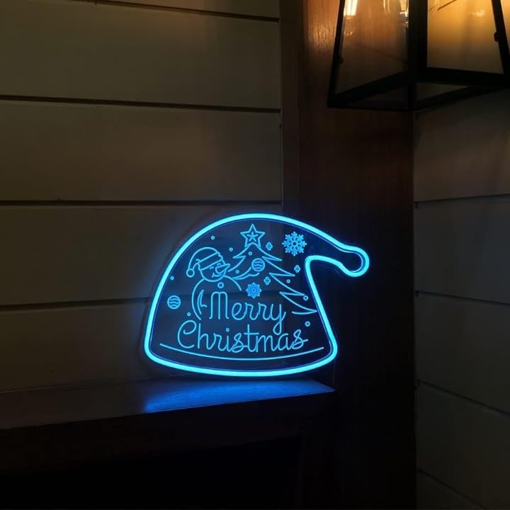Horoof Home Merry Christmas Neon LED Santa Hat Wall Light - Blue Acrylic Holiday Decoration - Image 1
