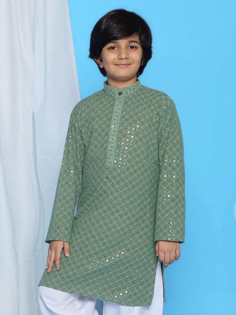 AJ DEZINES Kids Cotton Full Sleeve Sequined Pista Kurta for Boys - Ethnic wear | Special Occasion & Party Outfit | Chikankari Kurta for boys - Regular Fit - Image 2