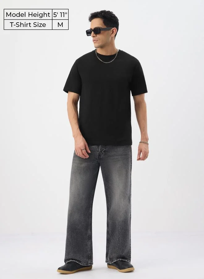 The Souled Store Men Black Relaxed Fit Crew Neck T-Shirt
