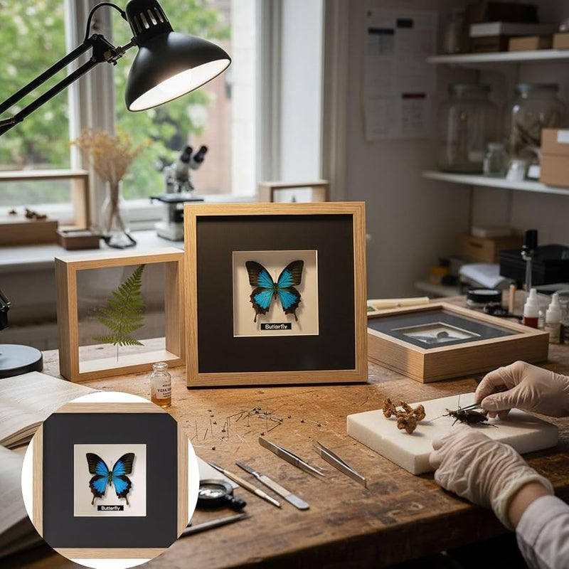 حافظة عرض فراشة باللون الخشبي الأصلي مقاس 5 × 7 بوصة مع حصيرة لهواة الجمع - Image 4