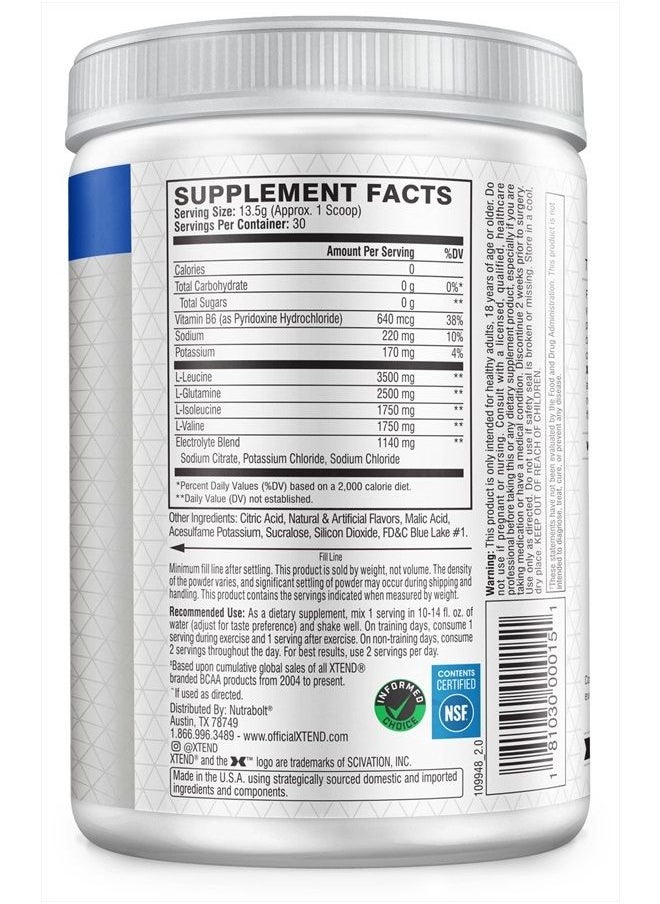 SCIVATION XTEND Original BCAA Powder Blue Raspberry Ice - Sugar Free Post Workout Muscle Recovery Drink with Amino Acids - 7g BCAAs for Men & Women - 30 Servings  - Image 2