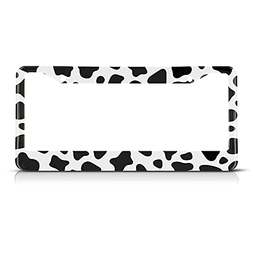 Beabes Cow Print License Plate Frame White Black Spot License Plate Holder Design Farm Animal Car Tag Frame License Plate Car Accessories 2 Holes Novelty Auto Car Tag Vanity Present - Image 1