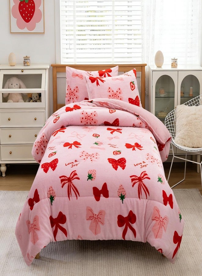 A Nice Night 3pcs Flannel Comforter Set for Kids Girls, Fluffy Velvet Bedding Comforter, Red Bow Strawberry Printed，Soft Warm Plush Bedding Set,Twin - Image 1