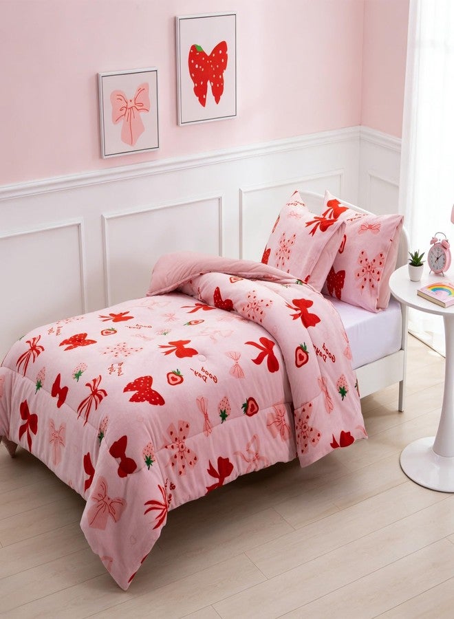 A Nice Night 3pcs Flannel Comforter Set for Kids Girls, Fluffy Velvet Bedding Comforter, Red Bow Strawberry Printed，Soft Warm Plush Bedding Set,Twin - Image 2