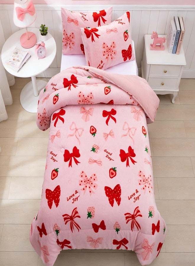 A Nice Night 3pcs Flannel Comforter Set for Kids Girls, Fluffy Velvet Bedding Comforter, Red Bow Strawberry Printed，Soft Warm Plush Bedding Set,Twin - Image 3