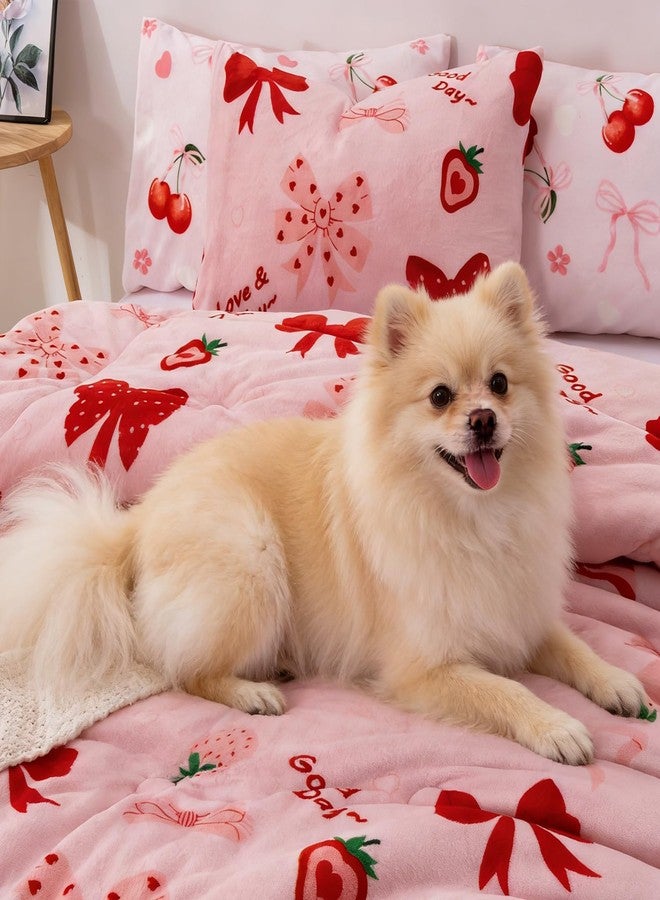 A Nice Night 3pcs Flannel Comforter Set for Kids Girls, Fluffy Velvet Bedding Comforter, Red Bow Strawberry Printed，Soft Warm Plush Bedding Set,Twin - Image 5