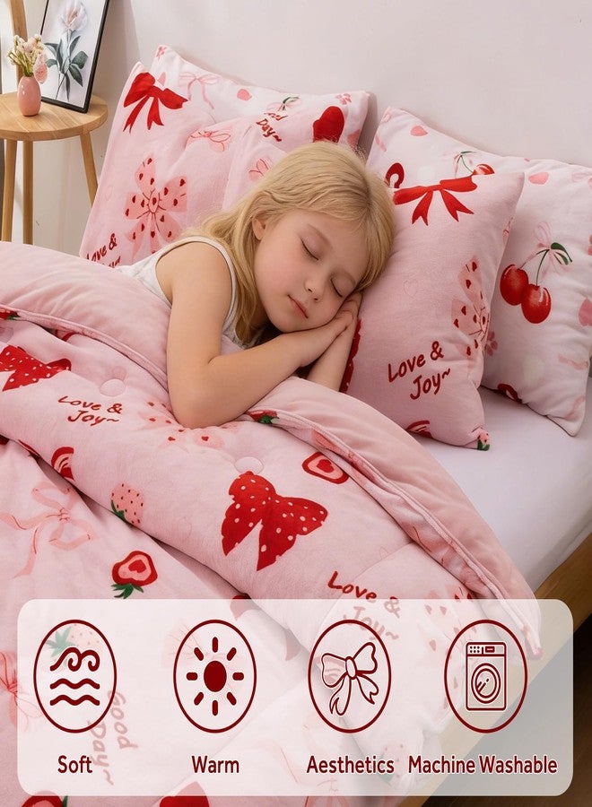 A Nice Night 3pcs Flannel Comforter Set for Kids Girls, Fluffy Velvet Bedding Comforter, Red Bow Strawberry Printed，Soft Warm Plush Bedding Set,Twin - Image 4