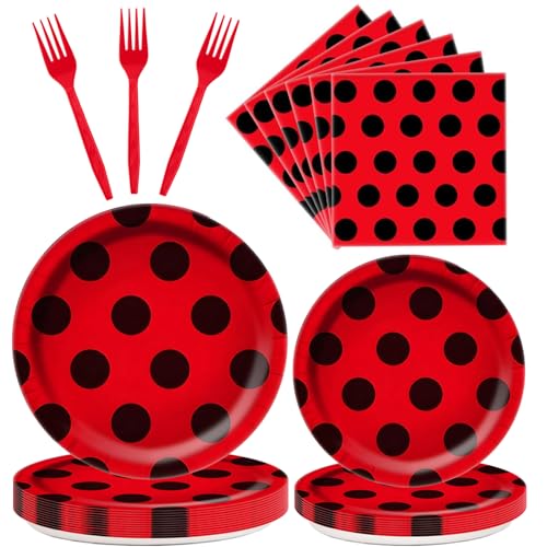96Pcs Ladybug Plates and Napkins Party Supplies LadybugThemed Tableware Set Cute Disposable Dinnerware for Girls Boys Birthday Dessert Tea Party Decoration 24 Guests