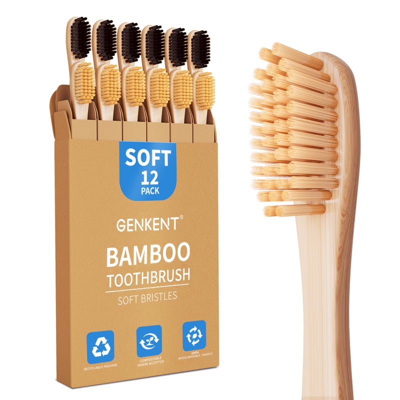 GENKENT Bamboo Toothbrushes 12 Pack Natural Toothbrushes BPA Free Soft Bristles Toothbrush Eco Friendly Charcoal Toothbrush for Travel - Image 1