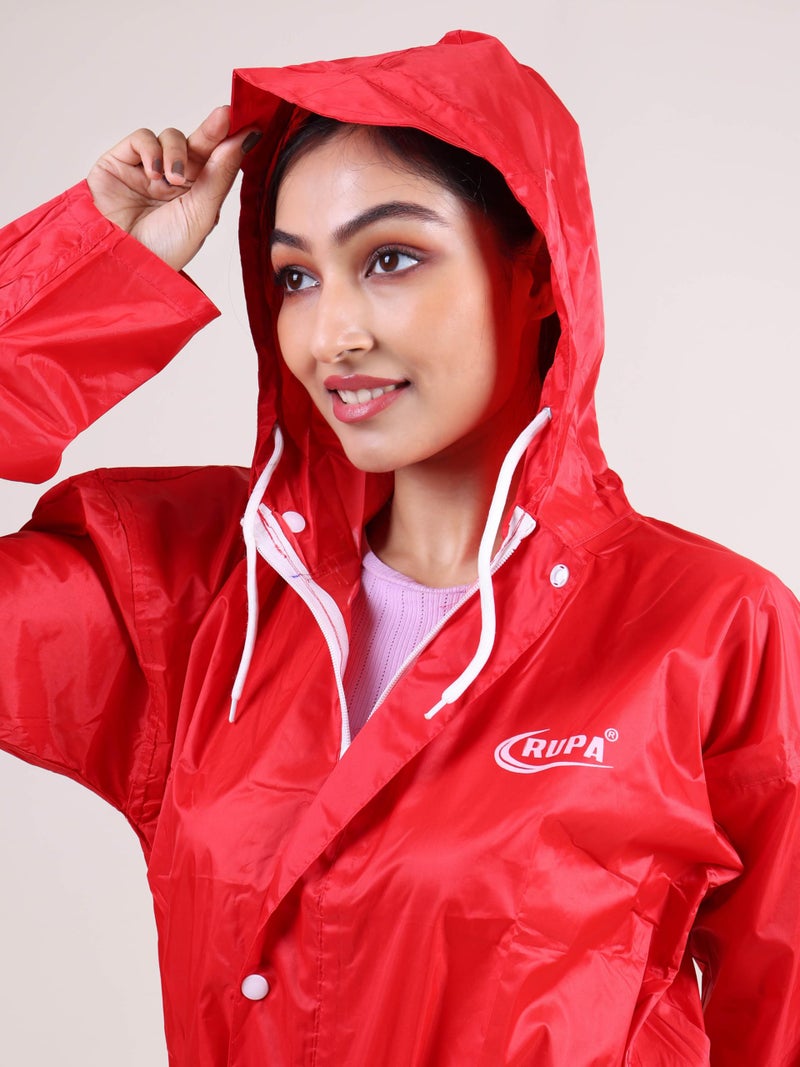 Rupa Women Plain Waterproof Rain Coat in Polyester fabric with Adjustable Hood & Flap-Covered Zip - Image 2