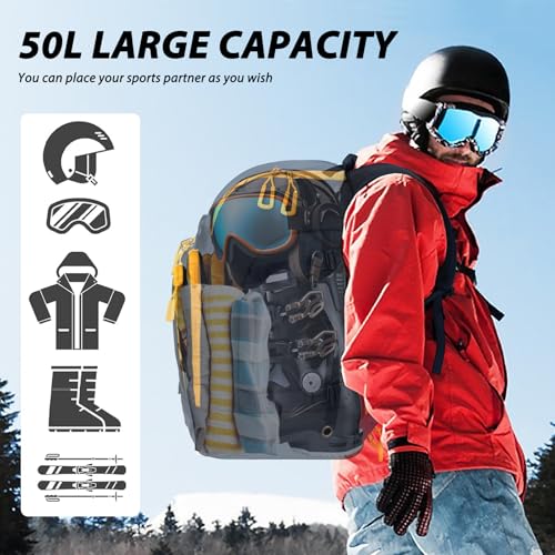 Goloni 50L Ski Backpack - Water-resistant Ski Boot Bag for Men & Women, Ski Bag with Helmet Holder, Separate Compartments for Goggles, Gloves, Snowboard & Accessories, Durable Ski Carry On Backpack - Image 3