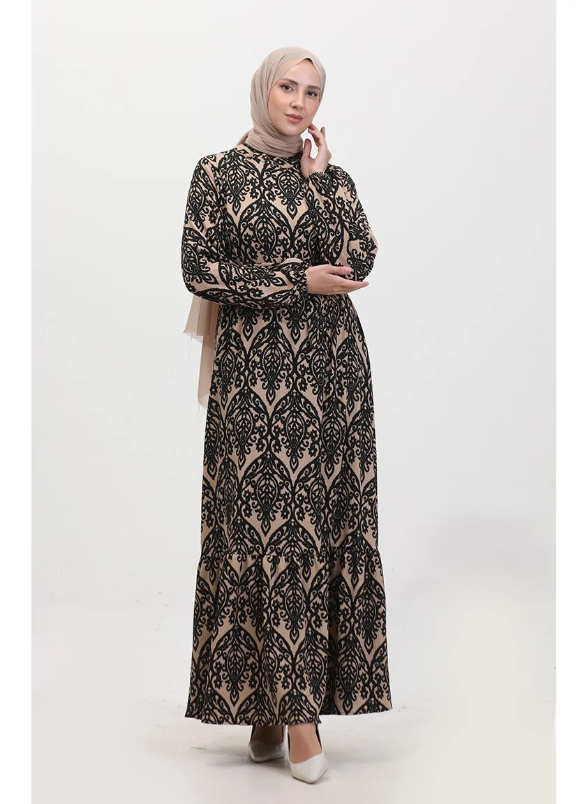 Sefa Merve Melike Patterned Viscose Dress 0348-03 Milky Coffee Black