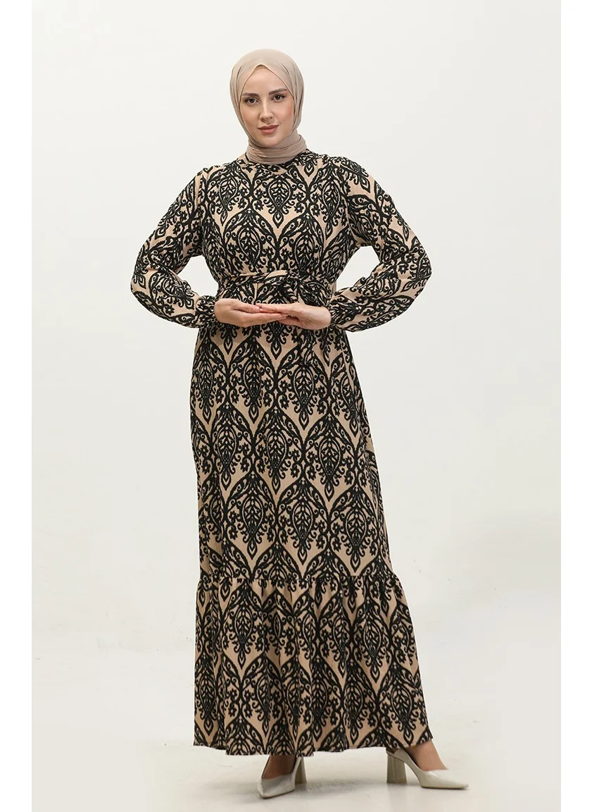 Sefa Merve Melike Patterned Viscose Dress 0348-03 Milky Coffee Black