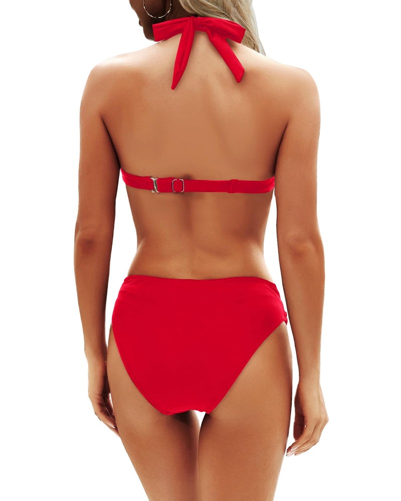 Yonique Women Two Piece Bathing Suits Push Up Bikini Set Halter Swimsuit Vintage Swimwear Red M - Image 2