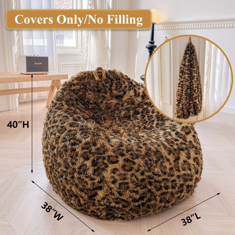 XeGe Faux Fur Leopard Print Bean Bag Chair Cover (No Filler), Fluffy Stuffed Animal Storage Cheetah Bean Bag Home Decor, Furry Fuzzy Big Beanbag Cover for Adults Teens Kids Girls, Anti-slip, Brown - Image 2