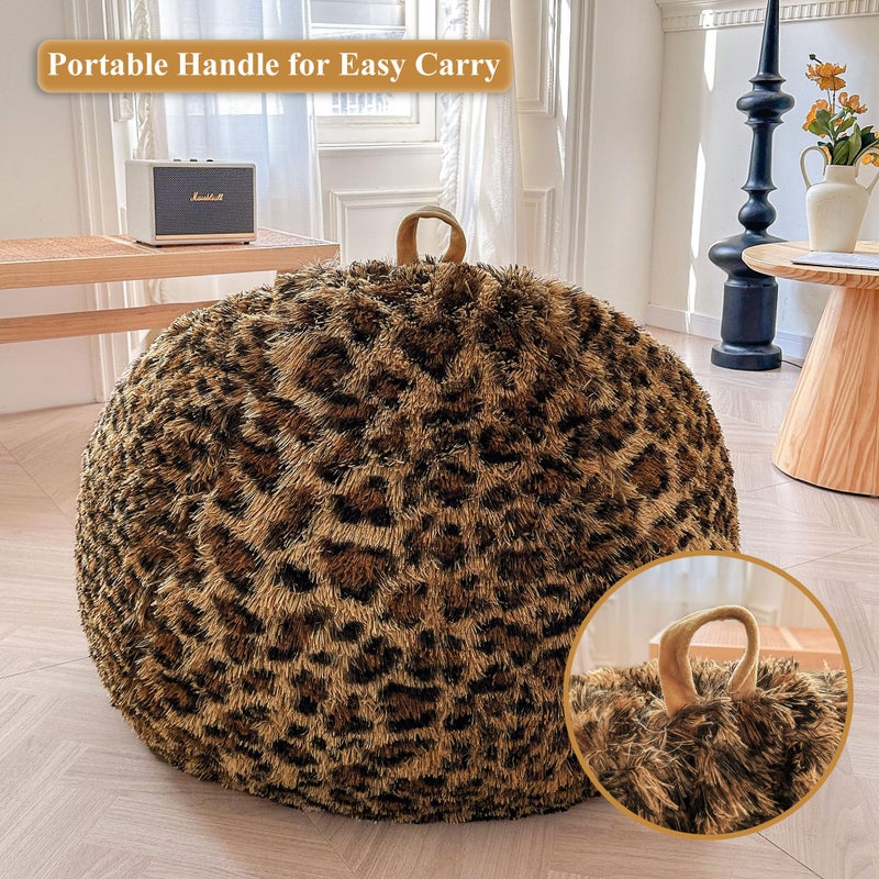 XeGe Faux Fur Leopard Print Bean Bag Chair Cover (No Filler), Fluffy Stuffed Animal Storage Cheetah Bean Bag Home Decor, Furry Fuzzy Big Beanbag Cover for Adults Teens Kids Girls, Anti-slip, Brown - Image 5