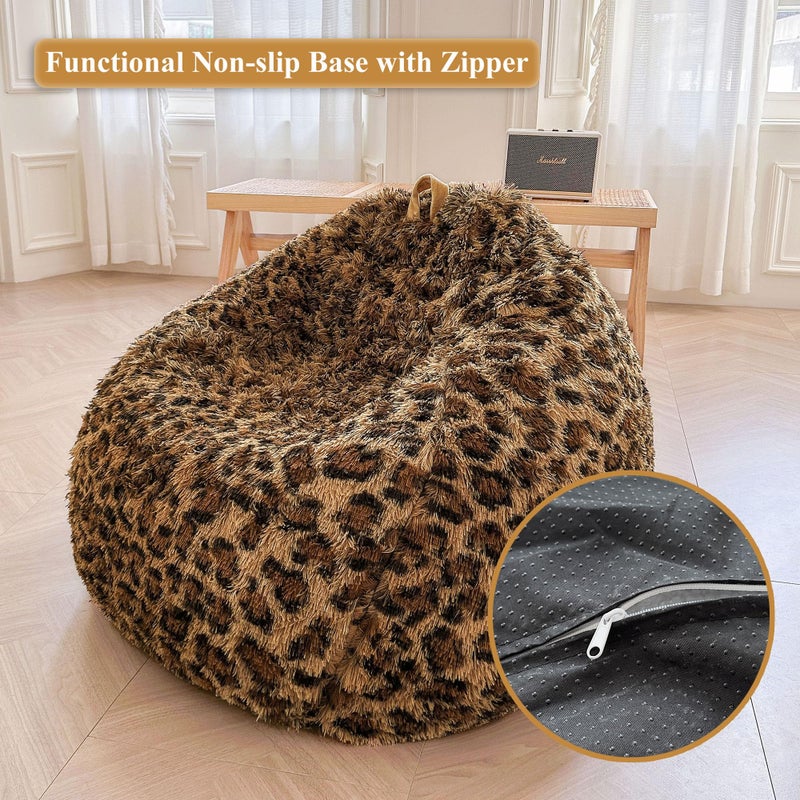 XeGe Faux Fur Leopard Print Bean Bag Chair Cover (No Filler), Fluffy Stuffed Animal Storage Cheetah Bean Bag Home Decor, Furry Fuzzy Big Beanbag Cover for Adults Teens Kids Girls, Anti-slip, Brown - Image 4