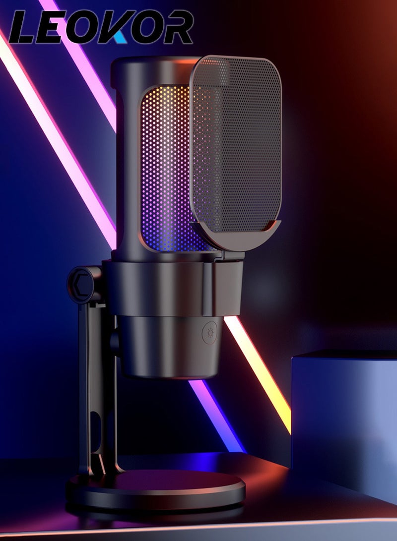 LEOKOR Game Microphone,USB PC Microphone,for Streaming Media,Podcasting/Recording,Capacitive Computer Desktop Microphone with RGB Control,Silent Touch/Headphone Jack (Black)  - Image 1