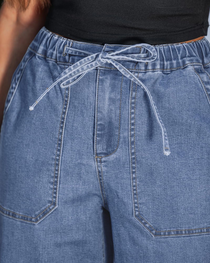 GRAPENT Wide Leg Elastic Waist Jeans for Women Drawstring Jeans for Women Baggy Pull on Elastic Waist Light Wash Straight Leg Denim Pants with Zipper After Dust Blue 2X-Large Plus Size 20 to 22 - Image 2