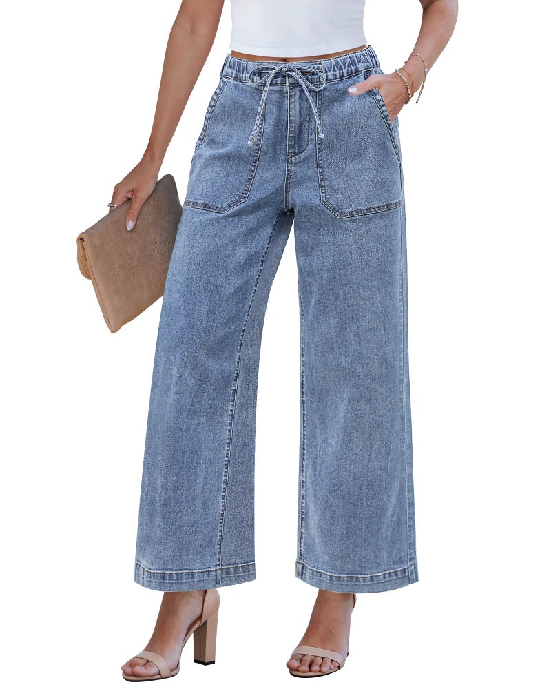 GRAPENT Wide Leg Elastic Waist Jeans for Women Drawstring Jeans for Women Baggy Pull on Elastic Waist Light Wash Straight Leg Denim Pants with Zipper After Dust Blue 2X-Large Plus Size 20 to 22 - Image 1