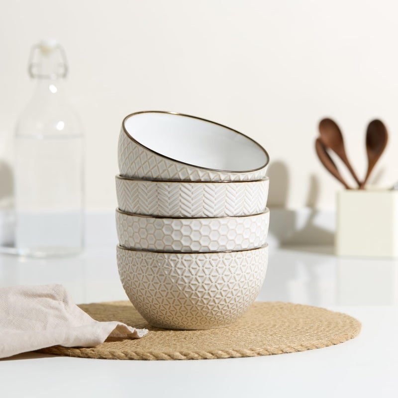 KooK Soup Bowls, Embossed, Ceramic Bowl, for Soup, Cereal and Poke, Microwave & Dishwasher Safe, Cream with Dark Copper Accents, Set of 4, 26 oz, Narbonne Collection - Image 3