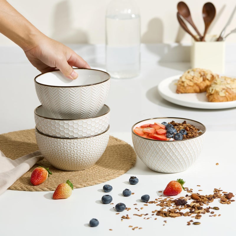 KooK Soup Bowls, Embossed, Ceramic Bowl, for Soup, Cereal and Poke, Microwave & Dishwasher Safe, Cream with Dark Copper Accents, Set of 4, 26 oz, Narbonne Collection - Image 2