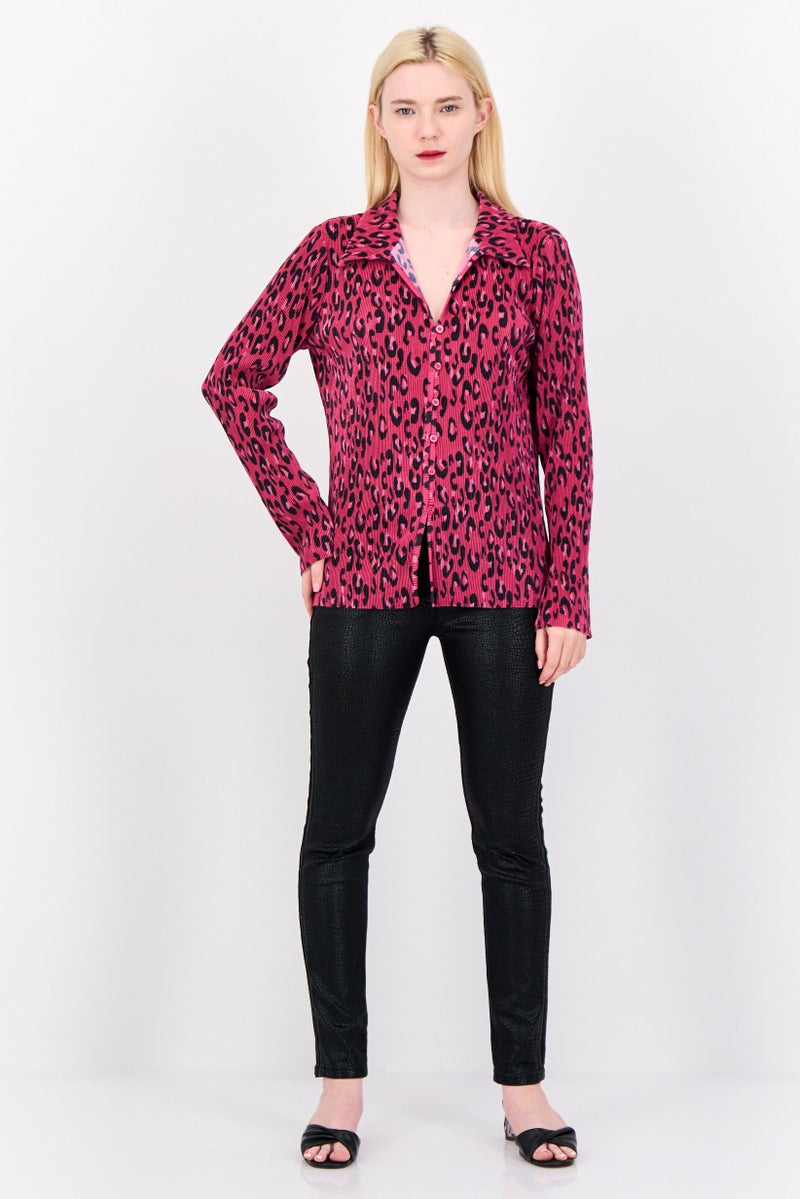 Women Spread Collar Long Sleeve Animal Print Blouse, Multicolor