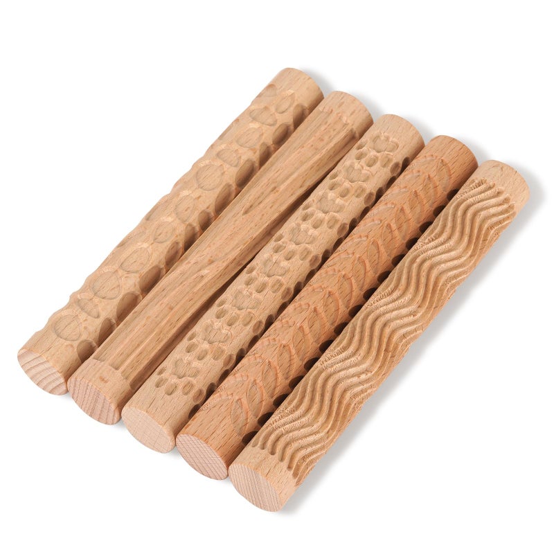 Lzttyee Set of 5 Wooden Handle Pottery Tools Clay Modeling Pattern Rollers Kit Brown Set of 5