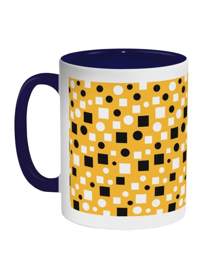 RYN Squares And Circles Printed Coffee Mug Dark Blue/White/Yellow 11ounce