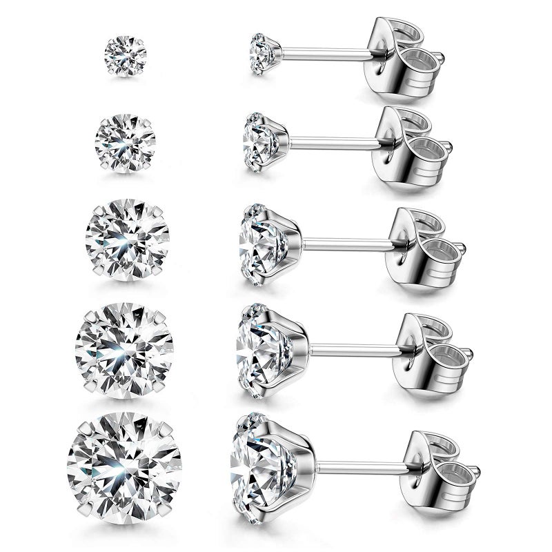 Kainier 5 Pairs Stud Earrings Set 316L Surgical Stainless Steel Earrings Cubic Zirconia (CZ) Ear Stud for Women Men Hypoallergenic Simulated Diamond Earrings 3-7mm - Image 1