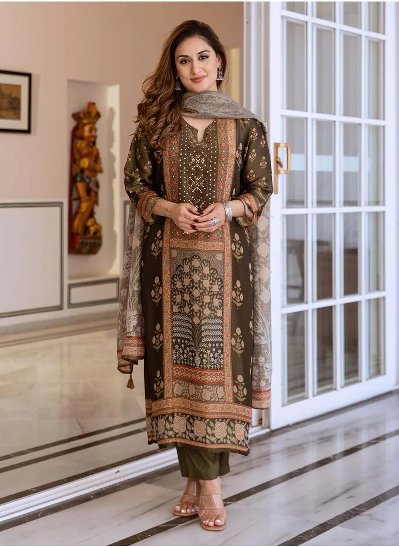 آي شين Women's Multicoloured Tissue Shimmer Printed Tunic Full Length Casual Straight Fit Kurta Set