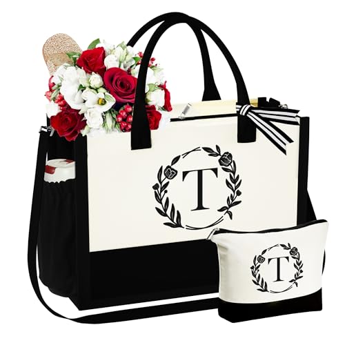 YOOLIFE Gifts for Wife, Teacher Gift for Women Teacher Appreciation Gift Personalized Initial Canvas Beach Tote Bag Wife Sister Birthday Gifts for Mom Mother Grandma Her Letter T - Image 1