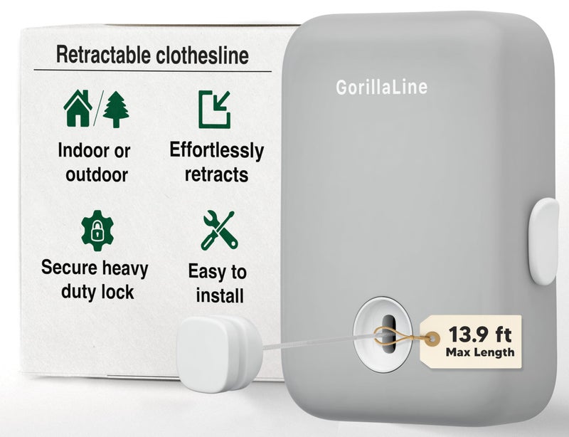 GorillaLine  Retractable Clothesline Indoor Outdoor Clothes Line  Heavy Duty Clothes Drying Laundry Line  Wall Mounted Drying Rack  Air Dry Clothing