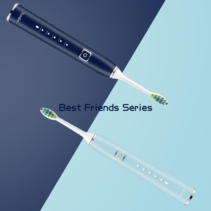 7AM2M Electric Toothbrush 2 Pack Set for Adults, 12 Replacement Brush Heads, 5 Adjustable Modes, Built-in 2-Minute Smart Timer, Fast Charge for 60 Days, IPX7 Waterproof, Navy & Light Blue - Image 4