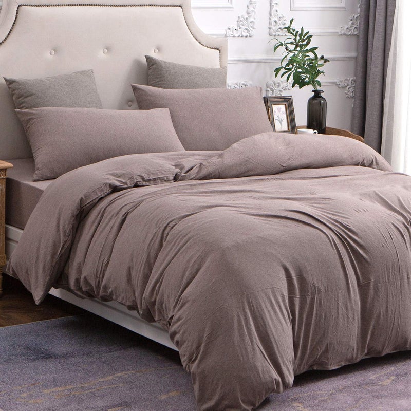 PURE ERA Jersey Knit Duvet Cover Set 100% T-Shirt Cotton Super Soft Comfy 3pc Bedding Set with Zipper Closure (Heather Brown, Queen) - Image 5