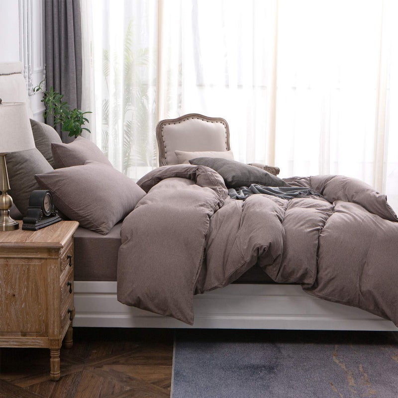 PURE ERA Jersey Knit Duvet Cover Set 100% T-Shirt Cotton Super Soft Comfy 3pc Bedding Set with Zipper Closure (Heather Brown, Queen) - Image 3
