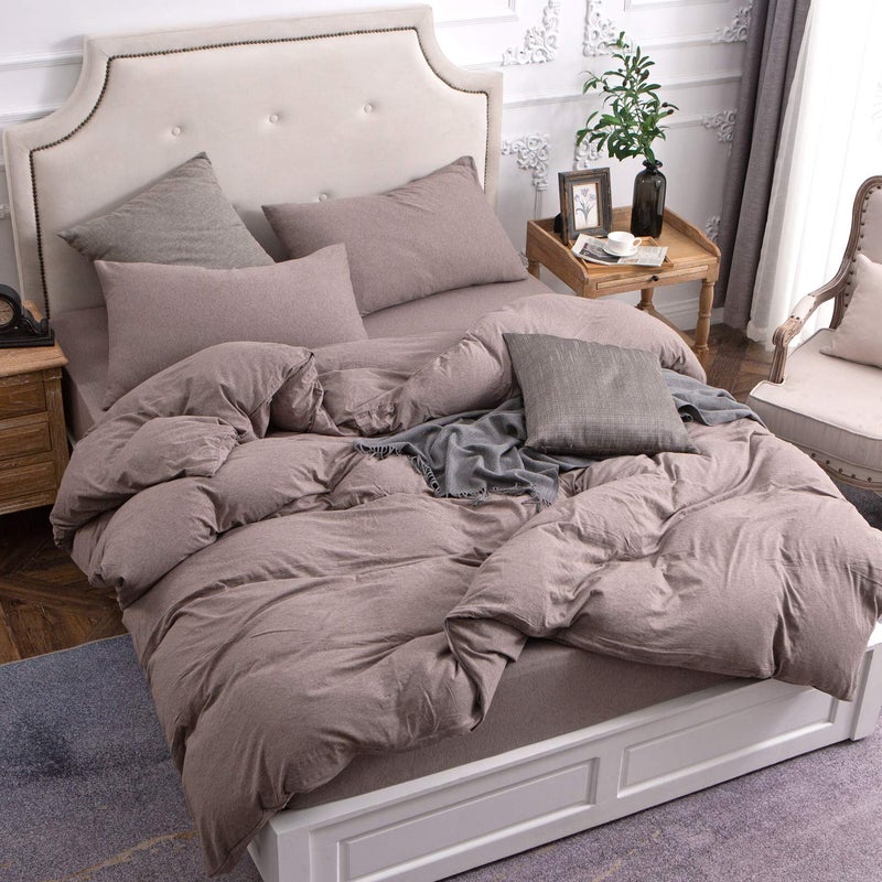PURE ERA Jersey Knit Duvet Cover Set 100% T-Shirt Cotton Super Soft Comfy 3pc Bedding Set with Zipper Closure (Heather Brown, Queen) - Image 2